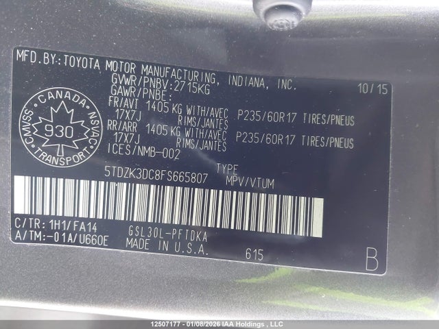 5TDZK3DC8FS665807 Toyota Sienna