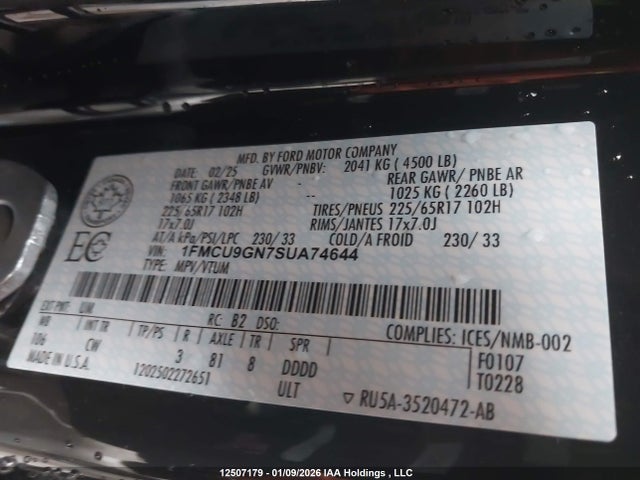 12507179 :رقم المزاد ، 1FMCU9GN7SUA74644 vin ، 2025 Ford Escape Active مزاد بيع