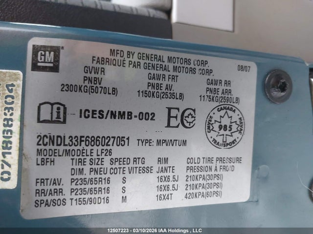 Aukcja sprzedaży 2008 Chevrolet Equinox Lt, vin: 2CNDL33F686027051, numer aukcji: 12507223