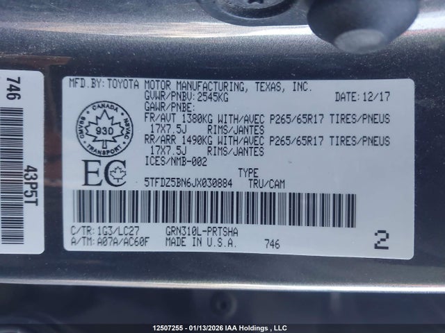 5TFDZ5BN6JX030884 Toyota Tacoma Dbl Cab/sr5/trd Sport/or
