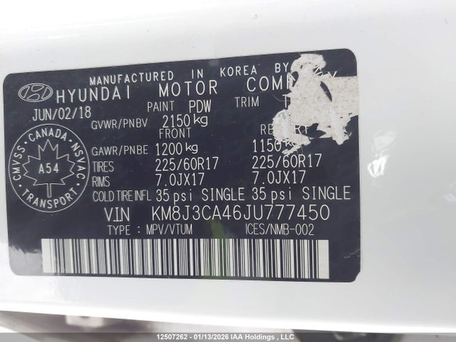KM8J3CA46JU777450 Hyundai Tucson Se 2.0l