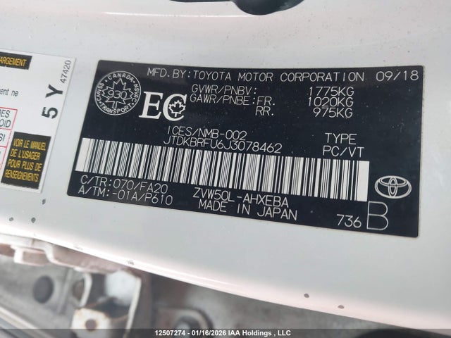 Toyota 2zr-fxe,1nm 2018 JTDKBRFU6J3078462 Image 9