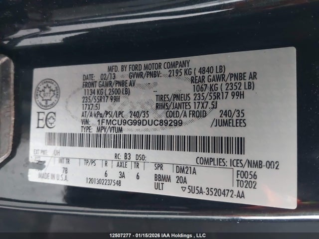 12507277 :رقم المزاد ، 1FMCU9G99DUC89299 vin ، 2013 Ford Escape Se مزاد بيع
