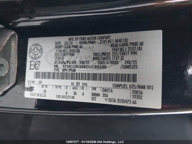 12507277 :رقم المزاد ، 1FMCU9G99DUC89299 vin ، 2013 Ford Escape Se مزاد بيع