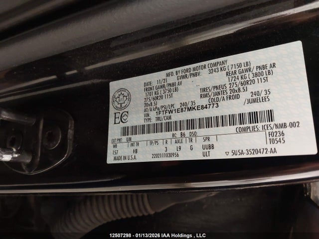 1FTFW1E87MKE84773 Ford F-150 Lariat