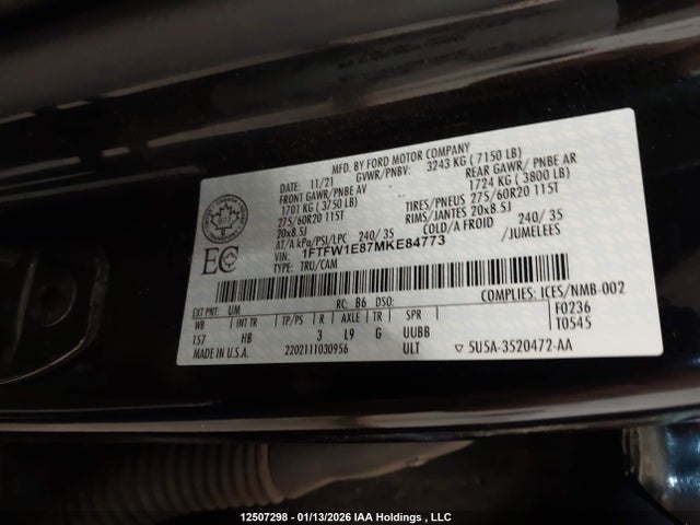 1FTFW1E87MKE84773 Ford F-150 Lariat