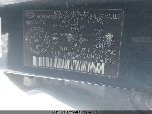 Продажа на аукционе авто 2010 Hyundai Santa Fe Gl 3.5, vin: 5NMSGDAG9AH383185, номер лота: 12507331
