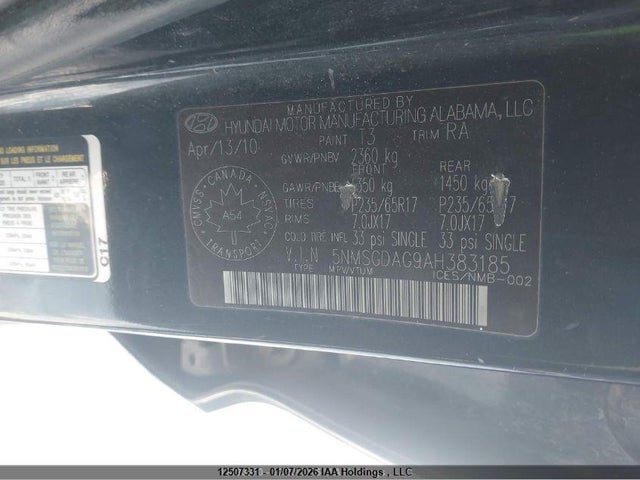 Продажа на аукционе авто 2010 Hyundai Santa Fe Gl 3.5, vin: 5NMSGDAG9AH383185, номер лота: 12507331