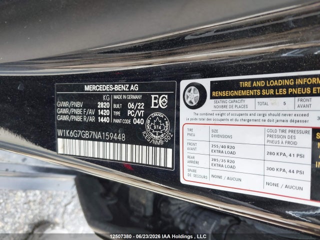 12507380 :رقم المزاد ، W1K6G7GB7NA159448 vin ، 2022 Mercedes-benz S 580 4matic مزاد بيع