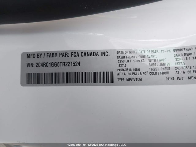 2C4RC1GG6TR221524 Chrysler Pacifica Limited