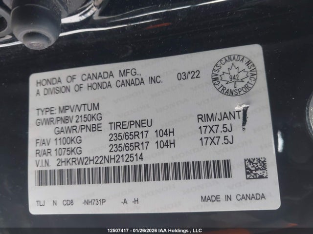 2HKRW2H22NH212514 Honda CR-V LX