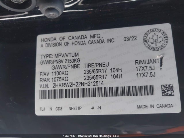 2HKRW2H22NH212514 Honda CR-V LX