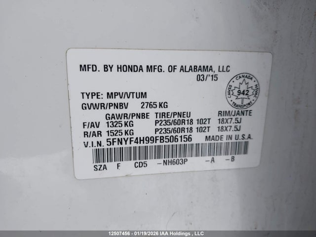 Продаж на аукціоні авто 2015 Honda Pilot Touring, vin: 5FNYF4H99FB506156, номер лоту: 12507456