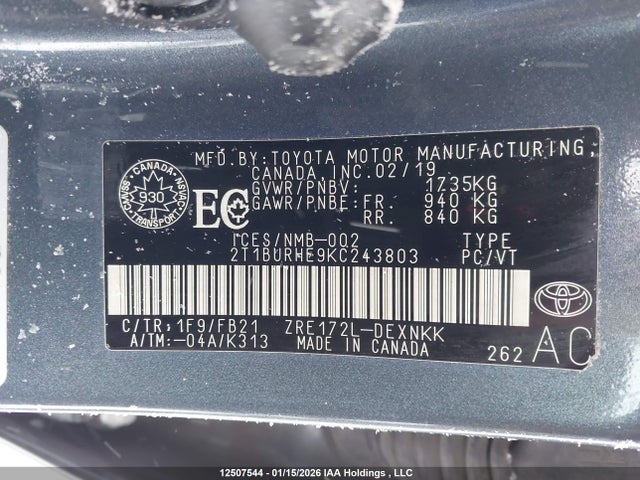 2T1BURHE9KC243803 Toyota COROLLA LE