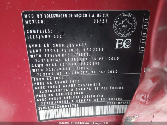 3VVLX7B2XNM016759 Volkswagen Taos Comfortline
