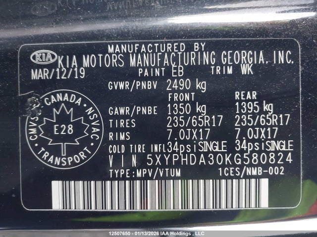 5XYPHDA30KG580824 KIA Sorento 2.4l Ex