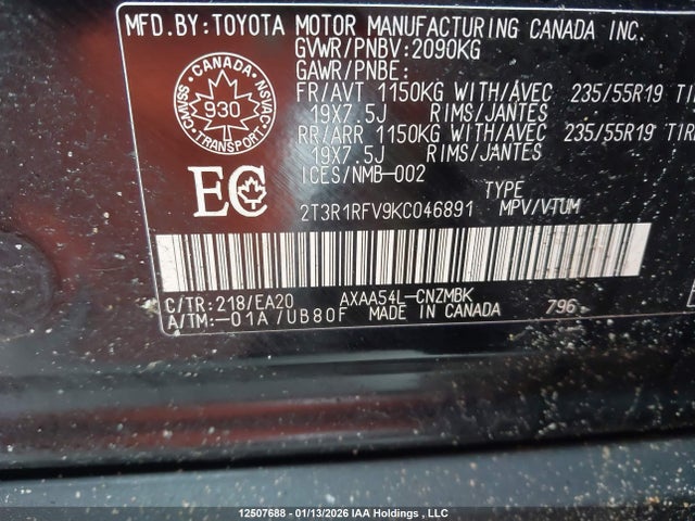 2019 Toyota Rav4 Xle/xle Premium მანქანა იყიდება აუქციონზე, vin: 2T3R1RFV9KC046891, აუქციონის ნომერი: 12507688