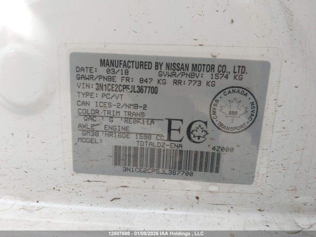 3N1CE2CP5JL367700 Nissan Versa Note 1.6 S/1.6 Sr/1.6 Sv