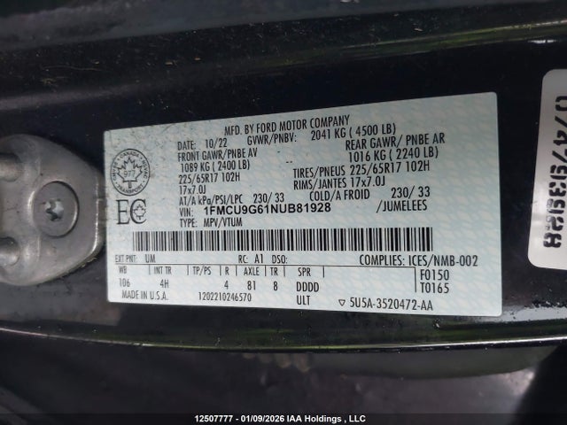 1FMCU9G61NUB81928 Ford ESCAPE SE