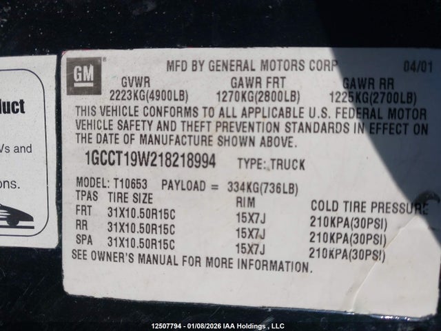 12507794 :رقم المزاد ، 1GCCT19W218218994 vin ، 2001 Chevrolet S Truck S10 مزاد بيع