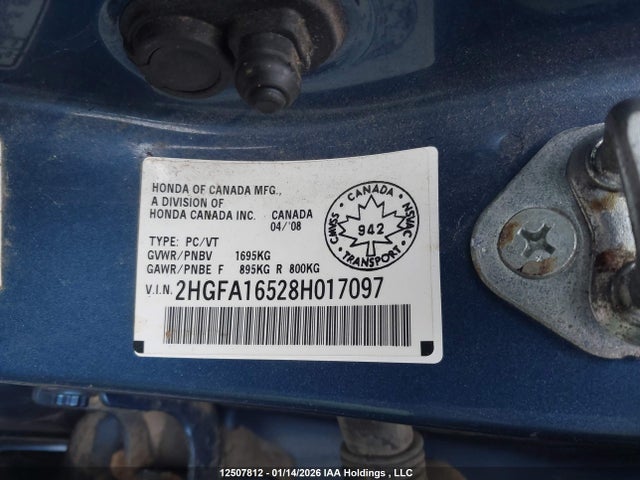 12507812 :رقم المزاد ، 2HGFA16528H017097 vin ، 2008 Honda Civic Lx مزاد بيع