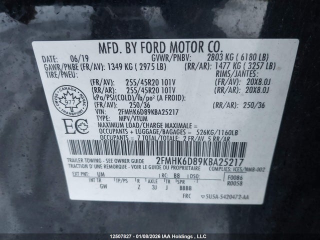 12507827 :رقم المزاد ، 2FMHK6D89KBA25217 vin ، 2019 Ford Flex Limited مزاد بيع