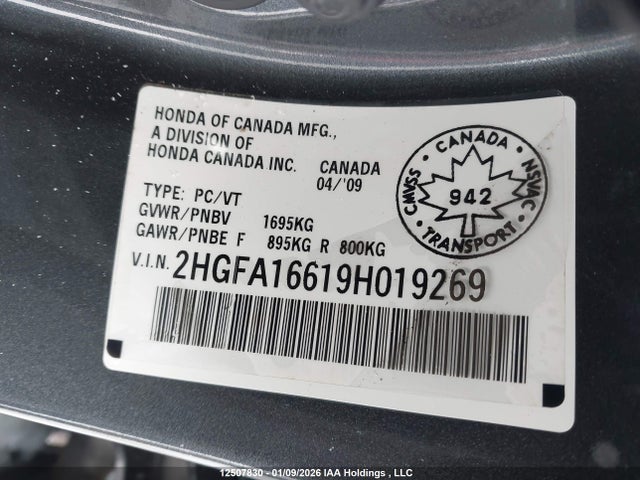 Продаж на аукціоні авто 2009 Honda Civic Sport, vin: 2HGFA16619H019269, номер лоту: 12507830