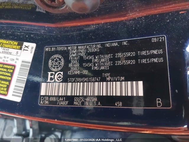 12507860 :رقم المزاد ، 5TDFZRBH5MS158747 vin ، 2021 Toyota Highlander Limited مزاد بيع