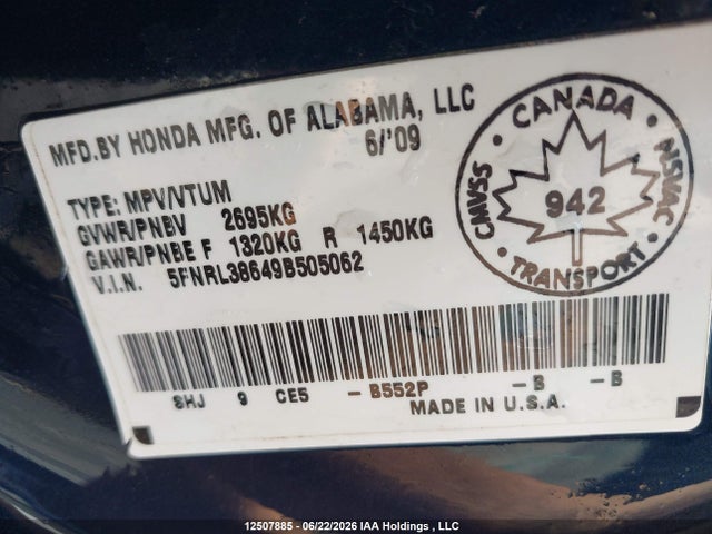 Продаж на аукціоні авто 2009 Honda Odyssey Ex-l, vin: 5FNRL38649B505062, номер лоту: 12507885