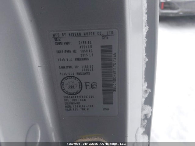 12507901 :رقم المزاد ، 3N6CM0KN2FK707366 vin ، 2015 Nissan Nv200 مزاد بيع