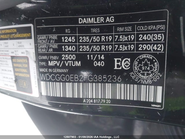 WDCGG0EB2FG385236 Mercedes-Benz Glk 250 Bluetec