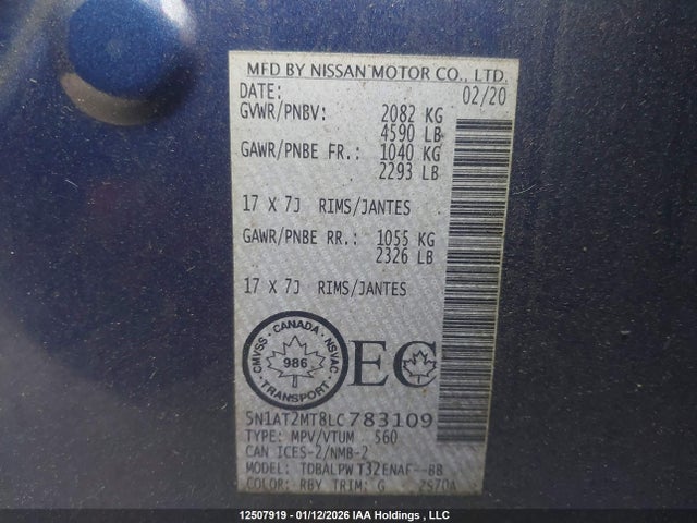 12507919 :رقم المزاد ، 5N1AT2MT8LC783109 vin ، 2020 Nissan Rogue S مزاد بيع