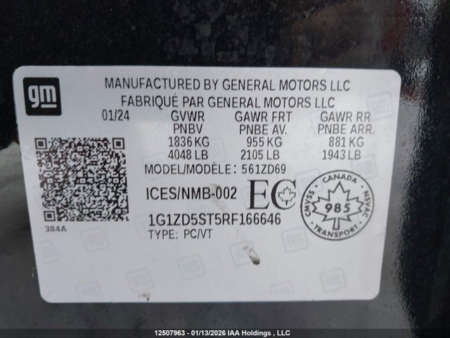 Aukcja sprzedaży 2024 Chevrolet Malibu Lt, vin: 1G1ZD5ST5RF166646, numer aukcji: 12507963