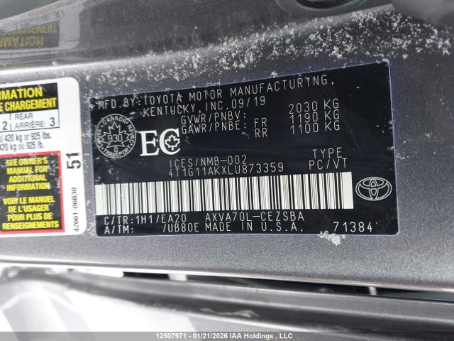 12507971 :رقم المزاد ، 4T1G11AKXLU873359 vin ، 2020 Toyota Camry Se مزاد بيع