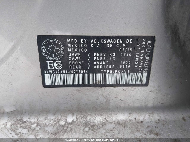 3VWG17AU6JM276054 Volkswagen GOLF S/SE