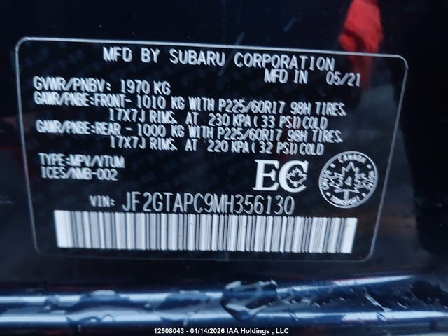 Продаж на аукціоні авто 2021 Subaru Crosstrek Touring, vin: JF2GTAPC9MH356130, номер лоту: 12508043
