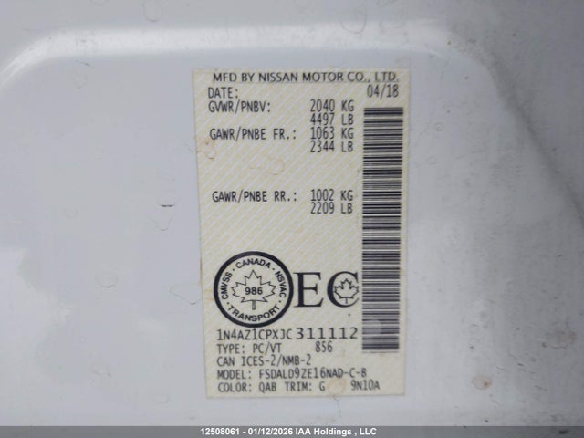1N4AZ1CPXJC311112 Nissan Leaf S/sv/sl