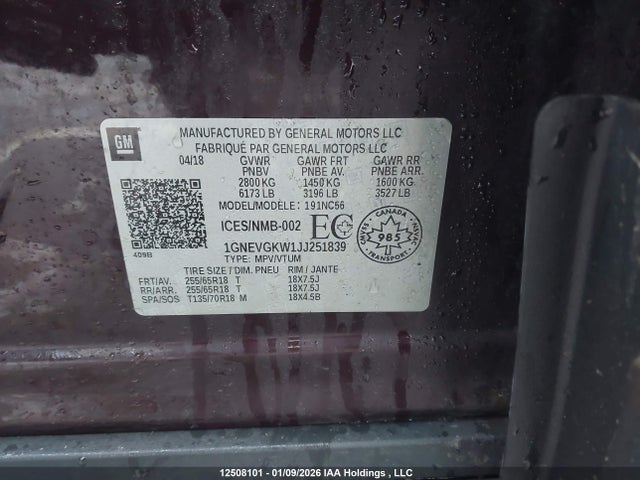 1GNEVGKW1JJ251839 Chevrolet Traverse Lt