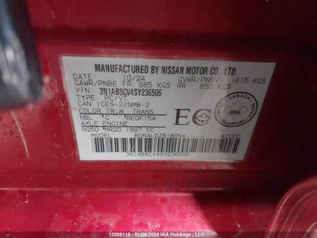 3N1AB8CV4SY236506 Nissan SENTRA SV