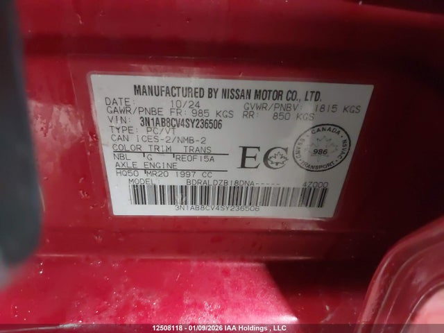 3N1AB8CV4SY236506 Nissan SENTRA SV