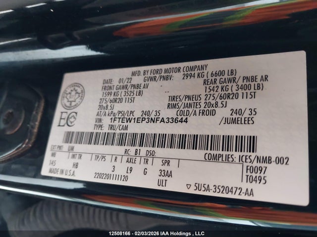 Aukcja sprzedaży 2022 Ford F150 Supercrew, vin: 1FTEW1EP3NFA33644, numer aukcji: 12508166