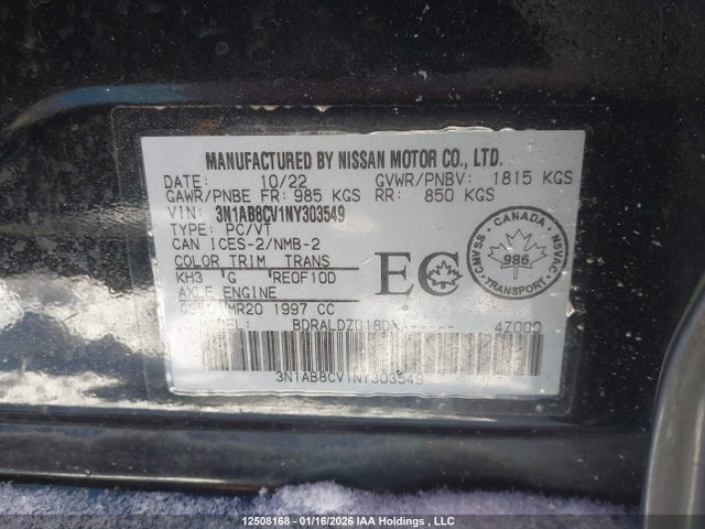 12508168 :رقم المزاد ، 3N1AB8CV1NY303549 vin ، 2022 Nissan Sentra مزاد بيع