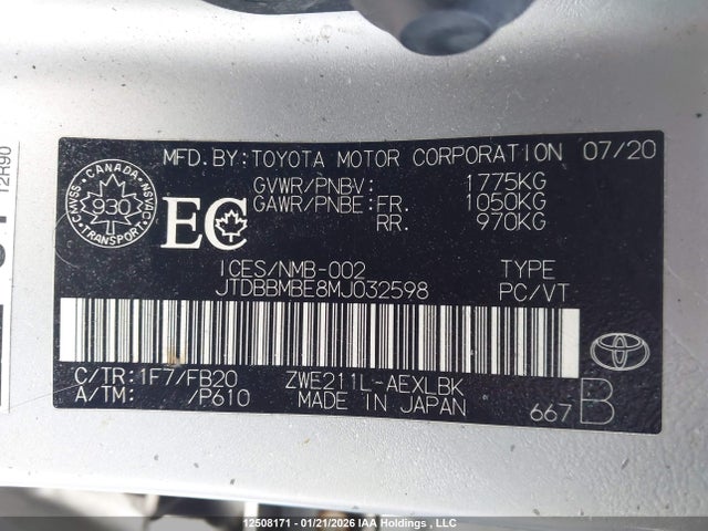 2021 Toyota Corolla მანქანა იყიდება აუქციონზე, vin: JTDBBMBE8MJ032598, აუქციონის ნომერი: 12508171