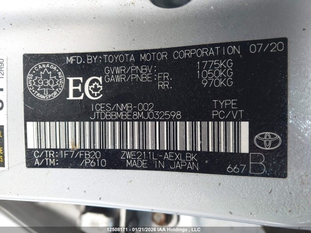 2021 Toyota Corolla მანქანა იყიდება აუქციონზე, vin: JTDBBMBE8MJ032598, აუქციონის ნომერი: 12508171