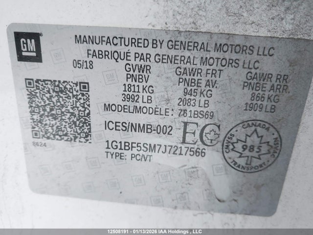 Aukcja sprzedaży 2018 Chevrolet Cruze Premier, vin: 1G1BF5SM7J7217566, numer aukcji: 12508191