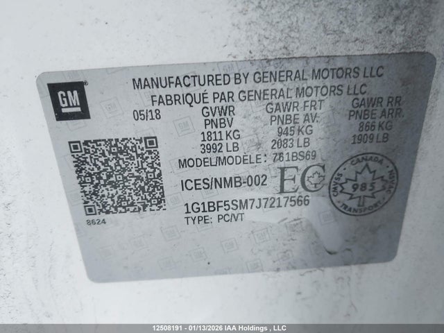 Aukcja sprzedaży 2018 Chevrolet Cruze Premier, vin: 1G1BF5SM7J7217566, numer aukcji: 12508191
