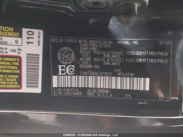 Aukcja sprzedaży 2020 Toyota Sienna Le V6, vin: 5TDKZ3DC8LS079035, numer aukcji: 12508220