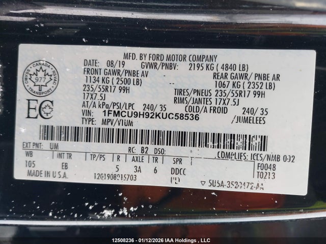 1FMCU9H92KUC58536 Ford ESCAPE SEL