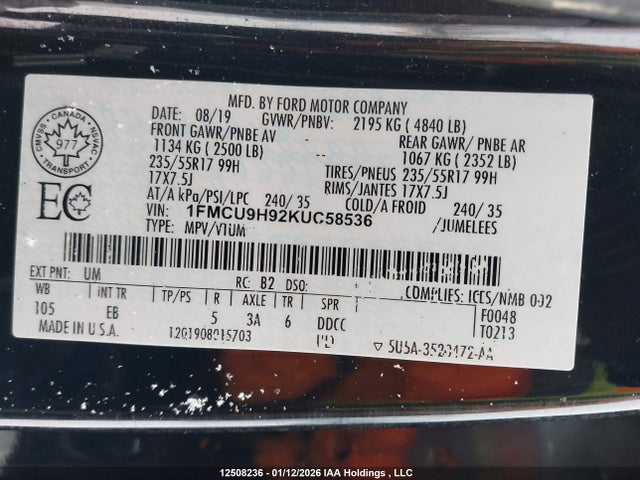 1FMCU9H92KUC58536 Ford ESCAPE SEL