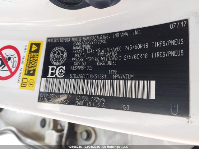 5TDJZRFH5HS451381 Toyota Highlander Se/xle